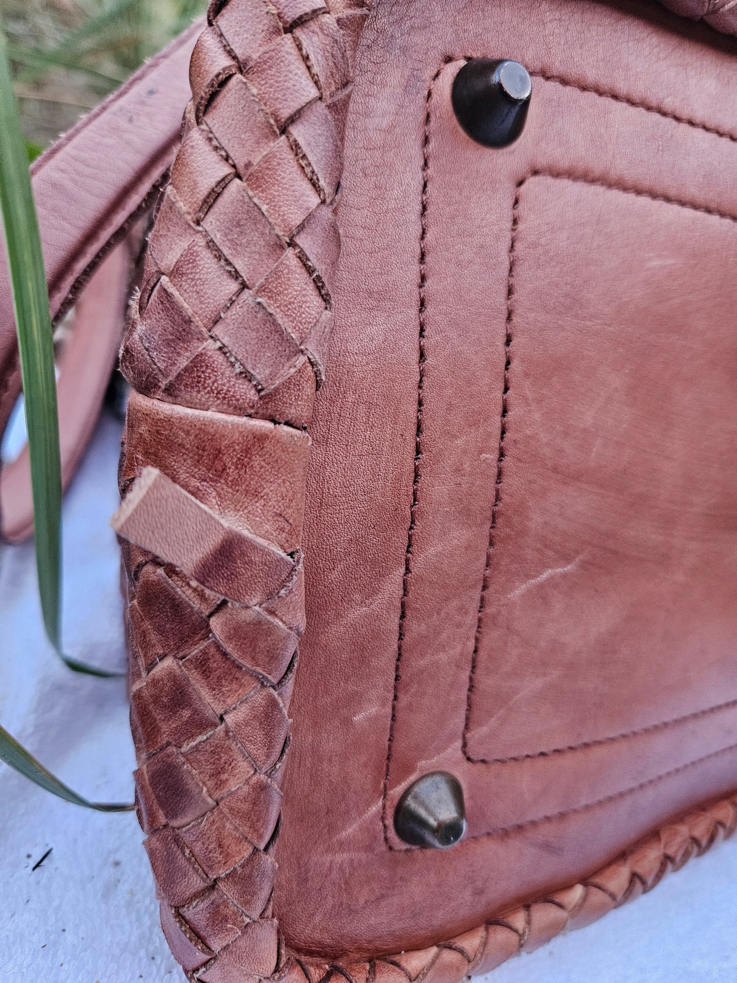 Valentina Italian Leather Woven Handbag Cognac - LUXURY PREOWNED