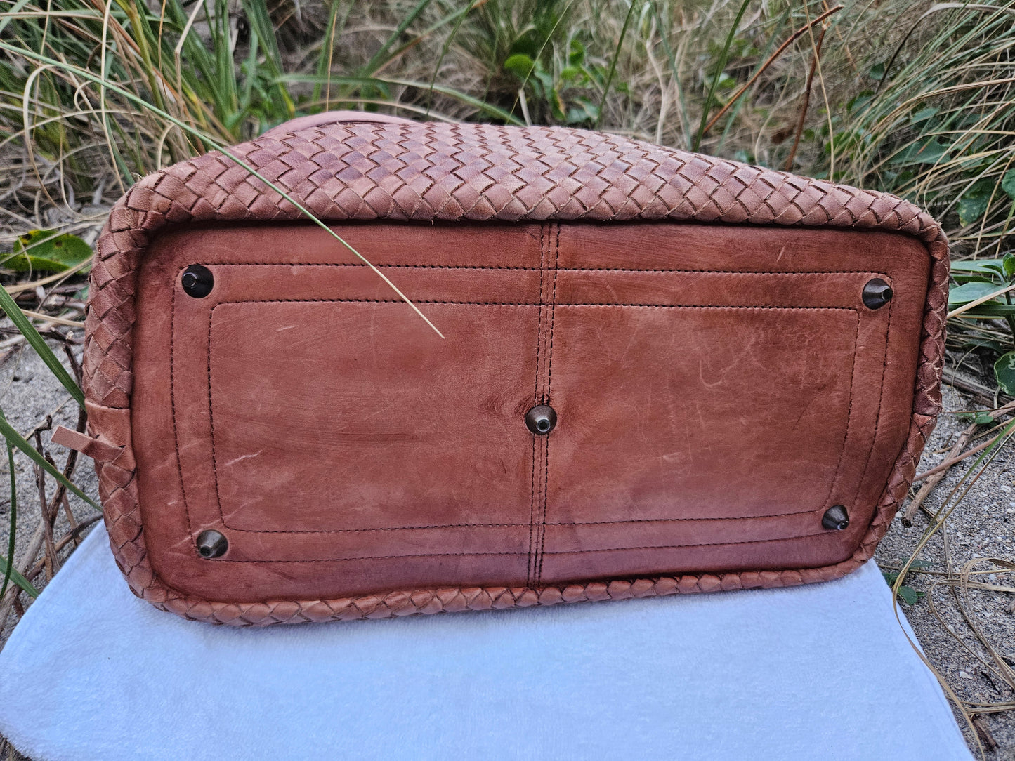 Valentina Italian Leather Woven Handbag Cognac - LUXURY PREOWNED